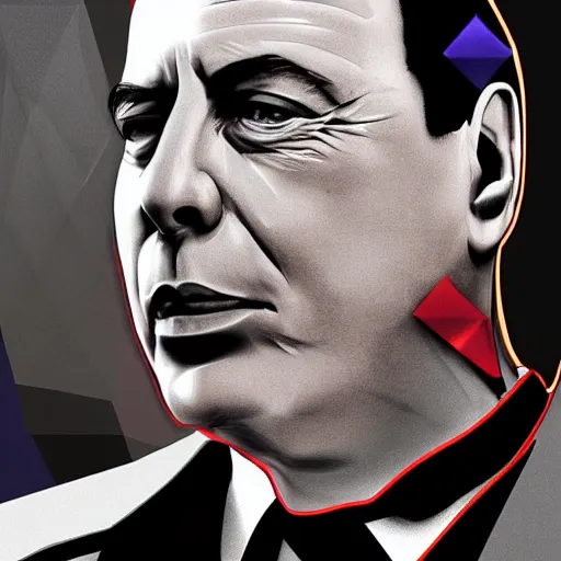 Image similar to digital artwork of [Silvio Berlusconi] wearing technological large steel collar, choker on neck, cyberpunk art style, 4K, portrait, punk hairstyle,