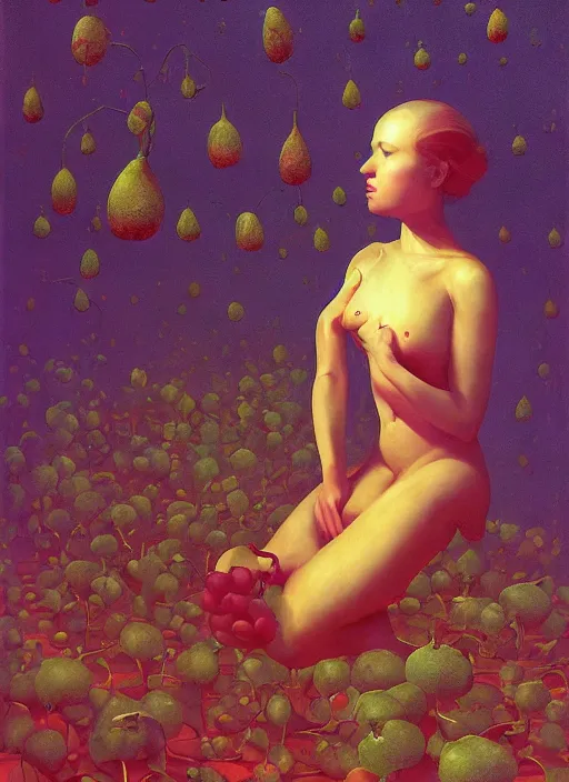 Image similar to She Eats Joyfully of the Suffocating Fruit and Her spiderlike gossamer glistening polyp blossoms bring iridescent fungal flowers whose spores black the foolish glaring stars Edward Hopper and James Gilleard, Zdzislaw Beksinski, Mark Ryden, Wolfgang Lettl highly detailed