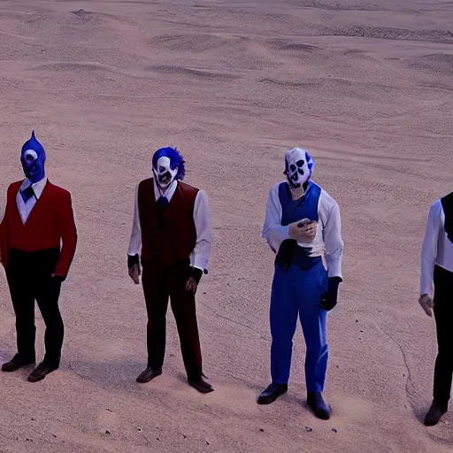 Image similar to a crowd of jokers from joker (2019) standing next to each other with their hands clasped below their belts in the desert, 8k, cinematic, dslr,