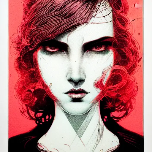 Image similar to medium portrait, diffused light, by killian eng and joe fenton and martin deschambault and conrad roset, inspired by victorian marvel comics, red and grey only, etching, fine, sharp high detail,