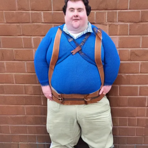 Prompt: (pudgy) british lad with short curly dark brown hair as a hobbit wearing a white men's crossbody sling chest bag and blue vest