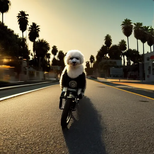 Prompt: a photorealistic image of a smiling white bichon frise puppy dog riding a black motorcycle in Hollywood at sundown. Palm trees in the background. Paws on handlebars. This 4K HD image is Trending on Artstation, featured on Behance, well-rendered, extra crisp, features intricate detail and the style of Unreal Engine.