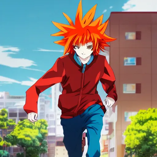 Prompt: orange - haired anime boy, 1 7 - year - old anime boy with wild spiky hair, wearing blue jacket, running past colorful building, red - yellow - blue colored building, turquoise aquamarine windows, strong lighting, strong shadows, vivid hues, ultra - realistic, sharp details, subsurface scattering, intricate details, hd anime, 2 0 1 9 anime