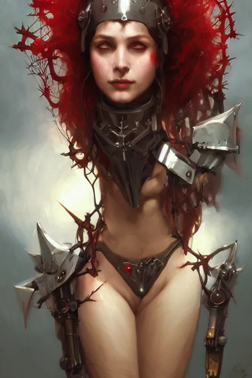 Prompt: Portrait of beautiful pale smiling cyborg maiden in bikini armor with crown of thorns and glowing red eyes, steampunc, Warhammer 40000, digital art from artstation by Ruan Jia and Mandy Jurgens and Artgerm and william-adolphe bouguereau