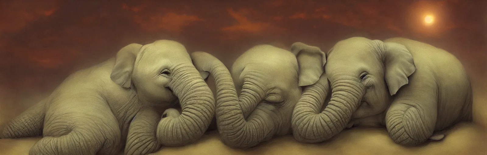 Image similar to a baby elephant sleeping soundly under a starry sky surrounded by savannah, illustration, detailed, smooth, soft, warm, by Adolf Lachman, Shaun Tan, Surrealism