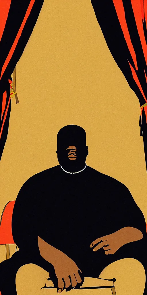 Image similar to style of frank miller, portrait of big black man sitting on throne, background made of big curtains