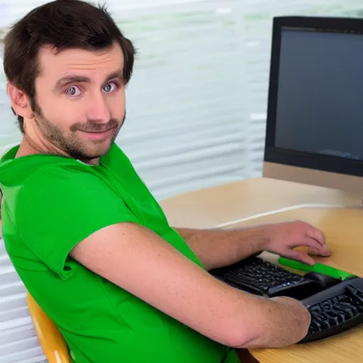 Prompt: caucasian man with green shirt sitting in front of computer with camera! mounted on top