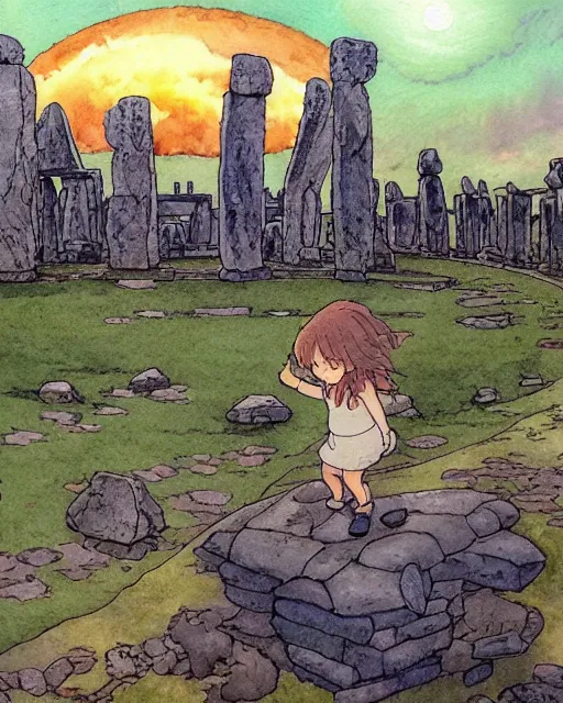 Image similar to a hyperrealist studio ghibli watercolor fantasy concept art. in the foreground is a giant grey octopus building and putting stones in to place on top of stonehenge with a starry sky. by rebecca guay, michael kaluta, charles vess