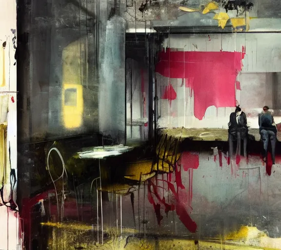 Prompt: lovers collapsed in a the cafe void, curtains, college, couches melting paint oil drips, eerie atmosphere, cinematic, painted by Francis Bacon, style of Adrian Ghenie, ultradetailed 8k, Brett Amory