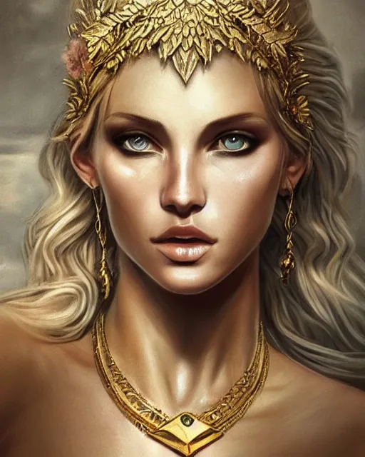 Image similar to tattoo sketch of blonde super model aphrodite greek goddess wearing a gold laurel wreath and triangle earrings, beautiful piercing gaze with sharp pupils, in the style of greg rutkowski, fantasy, amazing detail, epic, elegant, smooth, sharp focus, front view