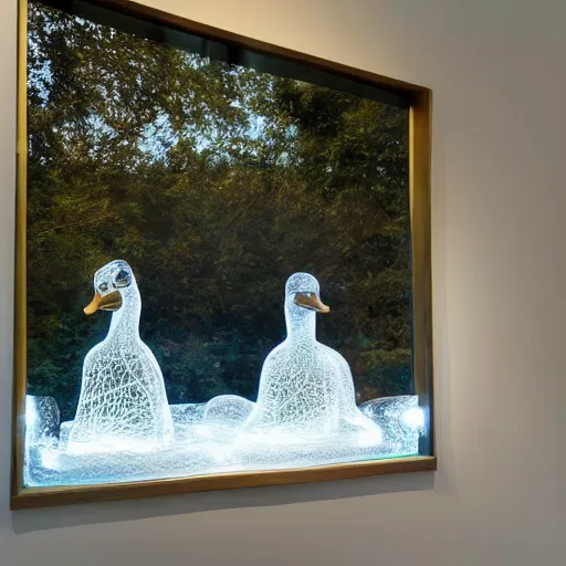 Prompt: wide-angle photo of a transparent sculpture of a duck made out of glass in front of a painting