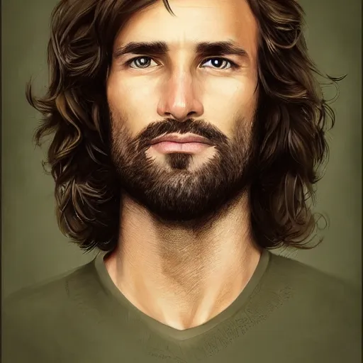 Image similar to portrait of a handsome man of 3 9 years old, green eyes, light brown, good looking, wide round nose, mid long hair by david rutkowski, by artgem
