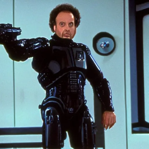 Prompt: Stu Chermack from Seinfeld aims a pistol at ED-209 from Robocop, movie stills and high-definition color illustrations
