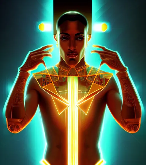 Image similar to symmetry!! egyptian god of technology, solid cube of light, hard edges, product render retro - futuristic poster scifi, lasers and neon circuits, brown skin handsome egyptian god, intricate, elegant, highly detailed, digital painting, artstation, concept art, smooth, sharp focus, illustration, dreamlike, art by artgerm