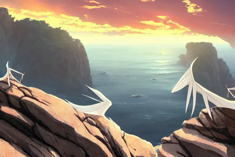 Prompt: a closeup of a large smooth skinned white creature hybrid pterosaur alien, small quills along it's back, long fangs, sitting on a cliff high in the sky, sunset, backlit, beautiful composition, over a rocky shore, jagged rocks in the far distance, by makoto shinkai an krenz cushart