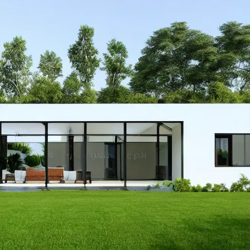 Prompt: Modern gable roofed Farmhouses villa with common open lawn, garden, white block fence, nesting glass doors, greenery growing, white plank siding, galvalume metal roofing, simple gable roofs, lush landscaping, sunny, napa,