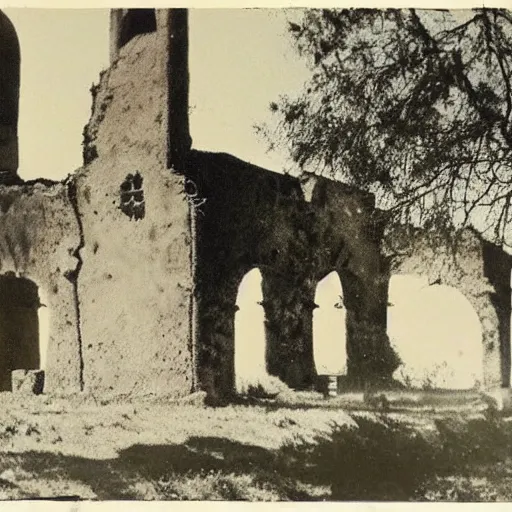 Prompt: a creepy vintage photo of a ruined california mission