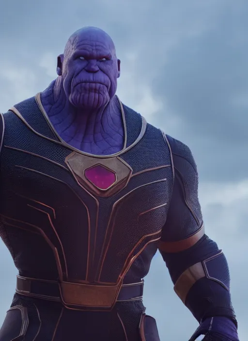 Image similar to Mickey Mouse cast as Thanos, still from Marvel movie, hyperrealistic, 8k, Octane Render,