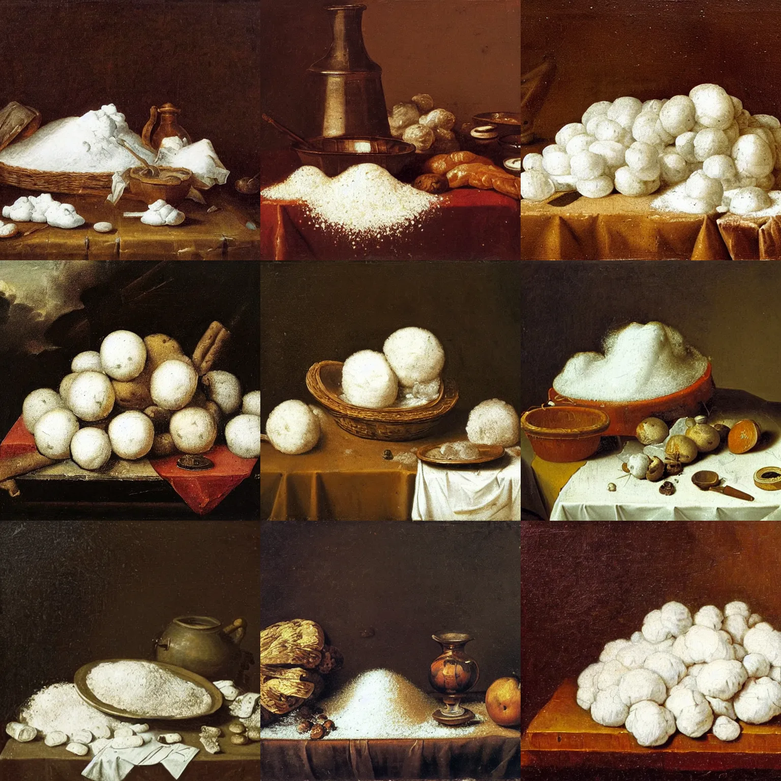 Prompt: Dutch Still Life from the 1600s, old oil painting: Pile of cocain on a table