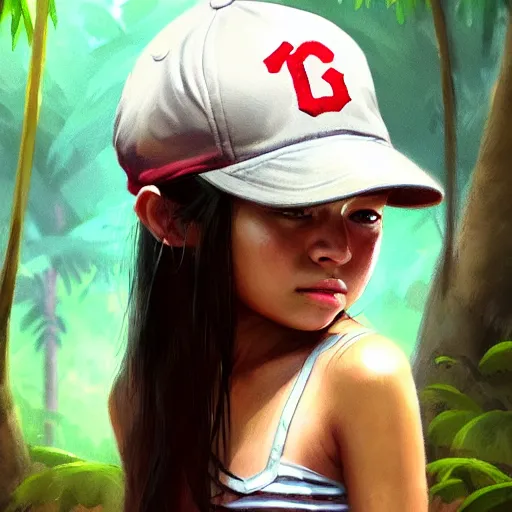 Image similar to portrait of cute young girl, wearing baseball cap, lonely, jungle clothing, survivor, jungle setting, bokeh, sharp focus, character art, illustration, digital painting, trending on artstation, greg rutkowski.