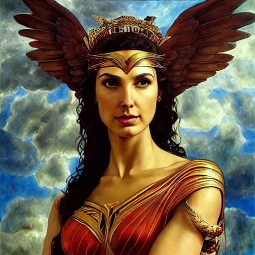 Image similar to Full body oil painting of the beautiful goddess Gal Gadot as hera, she is wearing roman clothes and a surreal jewelry, her hair is natural disheveled, she is approaching heaven over the clouds, naturalism, dramatic lighting, high-detailed oil painting by Ilya Repin, Michelangelo da Caravaggio, William Blake, Alex Grey and Beksinski, trending on Artsation, hystorical painting, naturalism, masterpiece, 4k, 8k,