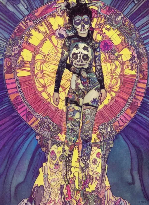 Prompt: cute punk goth fashion fractal Día de los Muertos tattooed astronaut girl posing, psychedelic poster art of by Victor Moscoso Rick Griffin Alphonse Mucha Gustav Klimt Ayami Kojima Amano Charlie Bowater, masterpiece