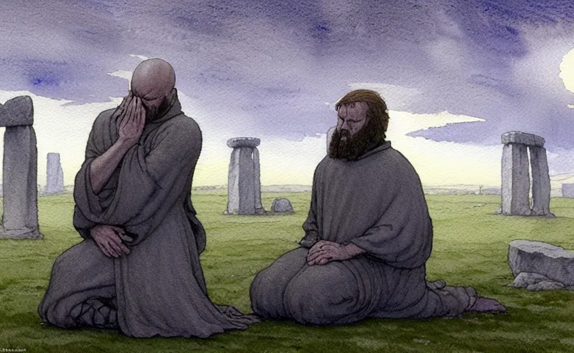 Image similar to a hyperrealist watercolour character concept art portrait of one small grey medieval monk kneeling down in prayer in front of a complete stonehenge monument on a misty night. a huge stone is in the sky. by rebecca guay, michael kaluta, charles vess and jean moebius giraud