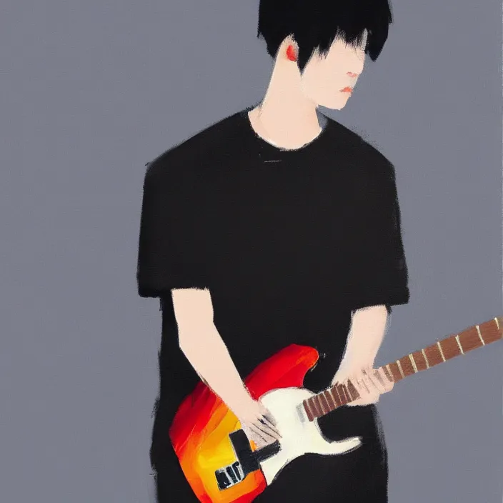 Image similar to minimal brush strokes painting of a young korean man wearing black t shirt holding a telecaster!!! electric guitar!!, dark background, huge dramatic brush strokes, matte colors, abstract, masterpiece, impressionist, trending on artstation