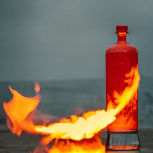 Prompt: an award - winning photo of a translucent glass vodka bottle in the shape of a propane cylinder with fire coming out the top