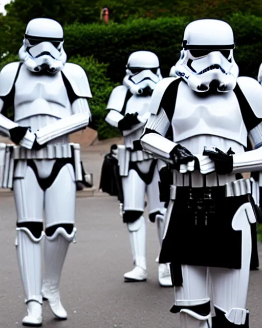 Prompt: stormtroopers wearing white kilts and black pointe shoes