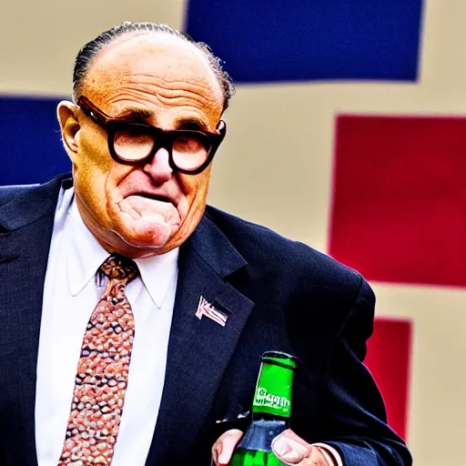 Image similar to news still of a drunk rudy giuliani holding a bottle, 4 k, professional