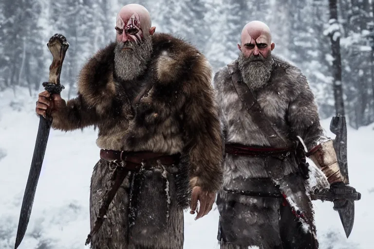 Image similar to vfx movie tough bald man in furs, natural grizzled skin, streaks of red face paint grey beard, dual wielding detailed viking war axes, in snowy tahoe, god of war by emmanuel lubezki