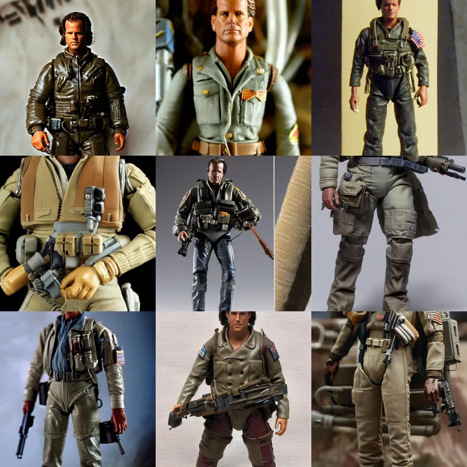 Prompt: Bill Paxton Colonial Marine Hudson Action figure, from the film Aliens 1986, high detail photograph, 35mm