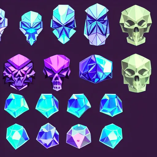 Prompt: spritesheet, game asset, polygon, [ [ [ crystal ] ] ] [ [ [ skulls ] ] ], transparent, refractive, vector art, hearthstone, league of legends, overwatch, excessively - dimensional, refractive, fluorite, chromatic aberration