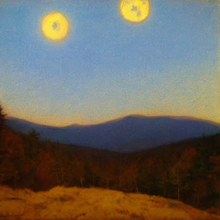 Prompt: new hampshire mountains, pale supermoon, clear sky, twilight, abbott handerson thayer, glaze oil painting, blue palette