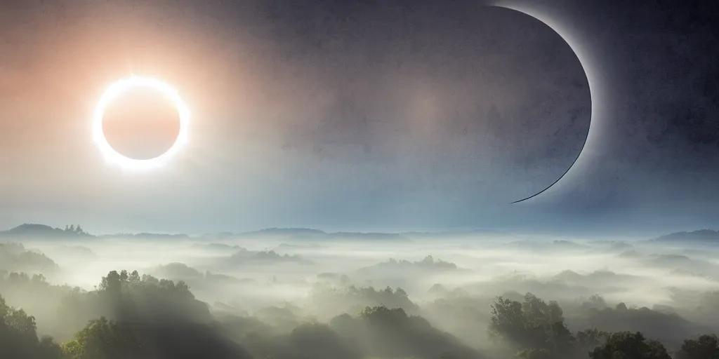 Image similar to solar eclipse, a triangular moon, sun rays, fog, photorealistic, calm environment