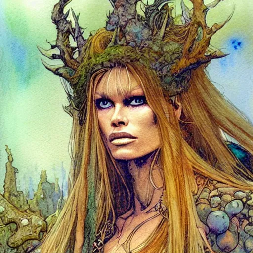 Prompt: a realistic and atmospheric watercolour fantasy character concept art portrait of brigitte bardot as a druidic warrior wizard looking at the camera with an intelligent gaze by rebecca guay, michael kaluta, charles vess and jean moebius giraud