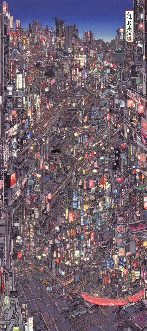 Image similar to beautiful hypercomplex anime drawing of an AKIRA-like cyberpunk city landscape, japan at night, 1980s, by Katsuhiro Otomo, wide angle, grand