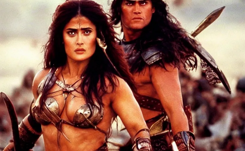 Prompt: epic photo of muscular salma hayek as beautiful barbarian warrior princess in a battle scene, sweaty, detailed eyes, neutral expression, shallow depth of field, photorealistic, cinematic lighting, lovely bokeh, warm colours, dusk, movie quality, conan the destroyer 1 9 8 5