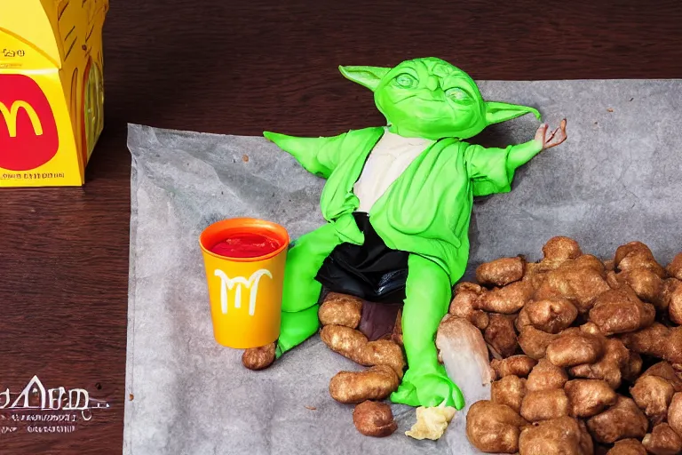 Prompt: yoda, annoyed, yoda sitting behind a table inside mcdonald's, small red cardboard box on table, yellow m logo on box, chicken mcnugget, 3 5 mm, f / 2. 8