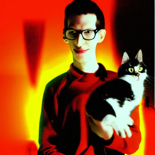 Prompt: portrait of neil cicierega holding his cat in the dark, red lighting