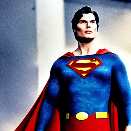Prompt: 3 5 mm photo of christopher reeve as superman in new movie