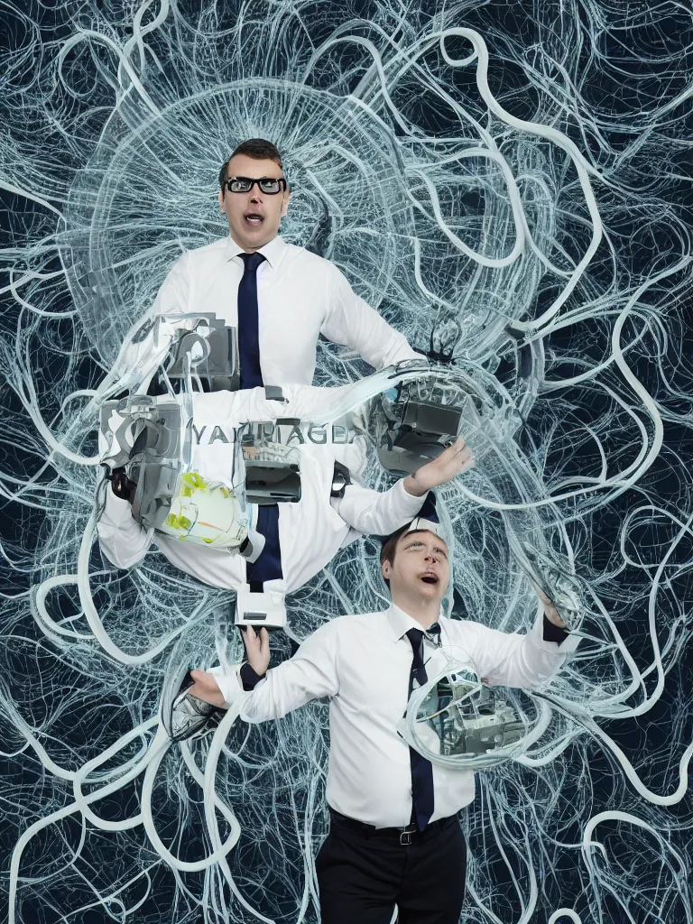 Prompt: a formal portrait photograph of an exploding salesman attached to a perspex neural squid gestation machine. tubes sprawling into his eyes. his legs are replaced by fractal hovercraft and he is decorated with flock wallpaper