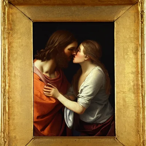 Image similar to 1 8 th oil panting of a jesus kissing with maria maddalena