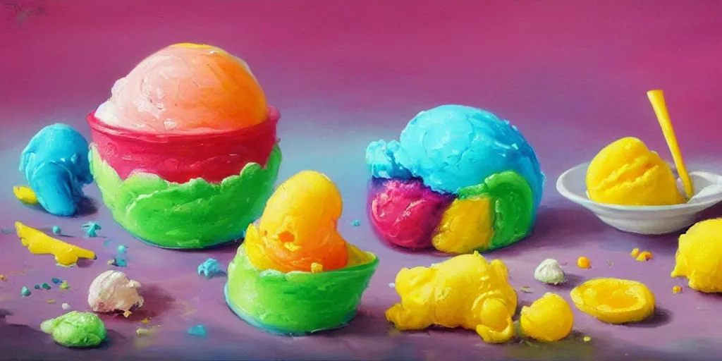 Image similar to rainbow sorbet made in the shape of 3 d littlest pet shop animal, realistic, melting, soft painting, desserts, ice cream, master painter and art style of noel coypel, art of emile eisman - semenowsky, art of edouard bisson