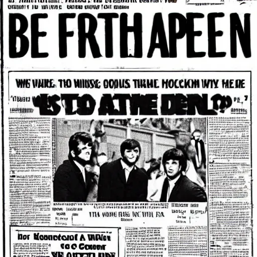 Prompt: newspaper front page from 1965 that says BEATLEMANIA