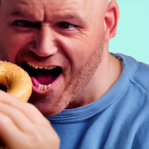 Image similar to a photo of a balded man arguing at a donut, close up, photorealistic