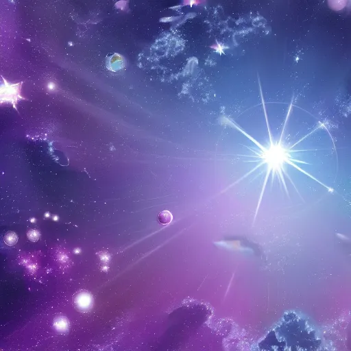 Image similar to anime style hd wallpaper of outer space horizon, glittering stars scattered about, lilac colors