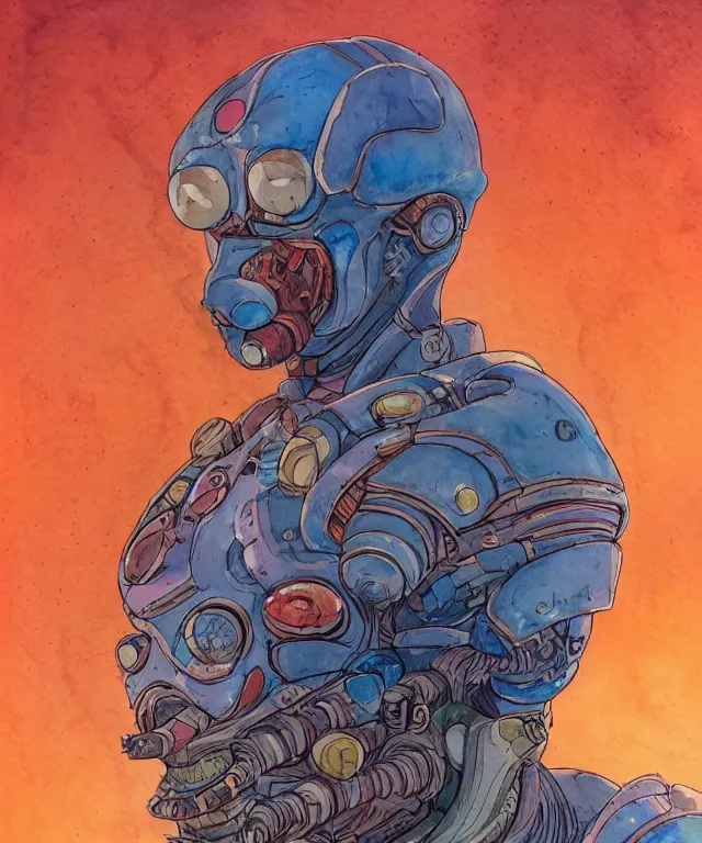 Image similar to a watercolor painting character portrait of a machine mutant in the style of jean giraud in the style of moebius trending on artstation deviantart pinterest detailed realistic hd 8 k high resolution