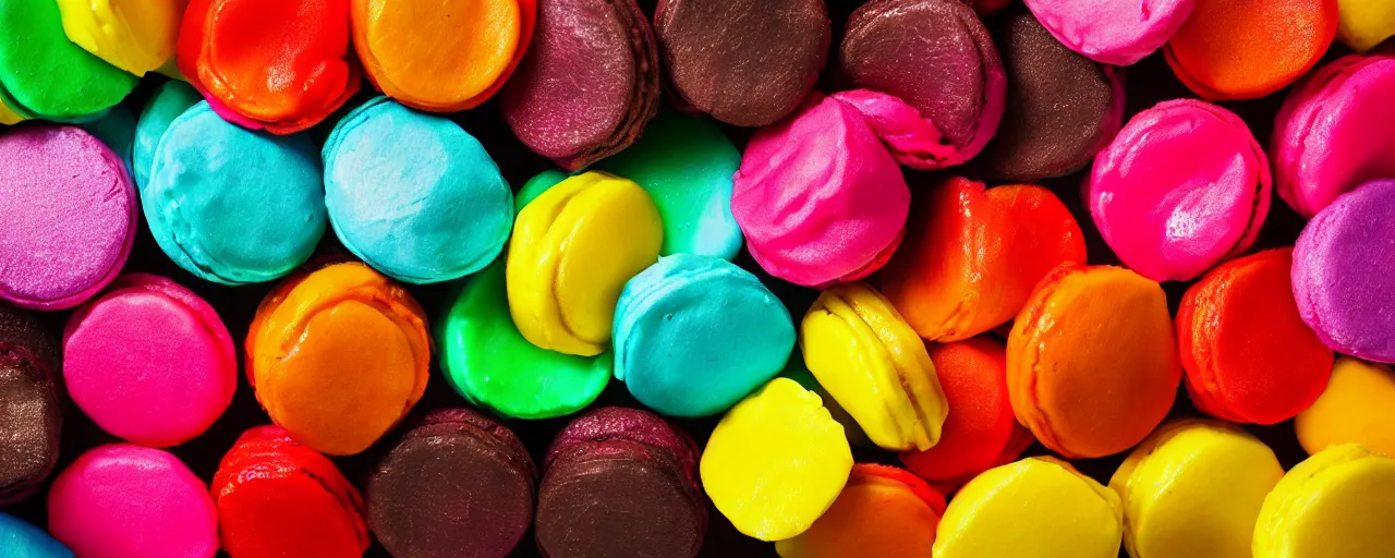 Prompt: juicy and colourful macrons from a fast food restaurant, depth of field, food photography, isometric, tasty, mcdonalds, wide shot, studio, bokeh, gmaster, cooking, food, kodak, sony, canon